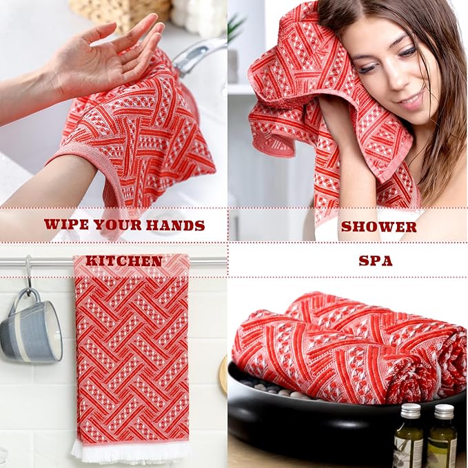 4 Pack Boho Bathroom Hand Towel 14 x 30 Inch 100% Turkish Cotton Decorative Boho Kitchen Hand Towel Farmhouse Bathroom Decor Set Absorbent Soft Guest Tea Gift(Red,White)
