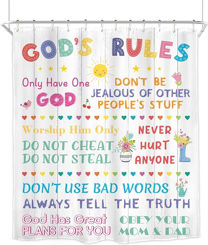 Homewelle Colorful Quotes Kids Shower Curtain Christian Bible Verse Abstract Cartoon Cute Wooden Plank Modern Simple 60Wx72H Inch for Boys Girls Children Waterproof Polyester Fabric Bathroom Bathtub