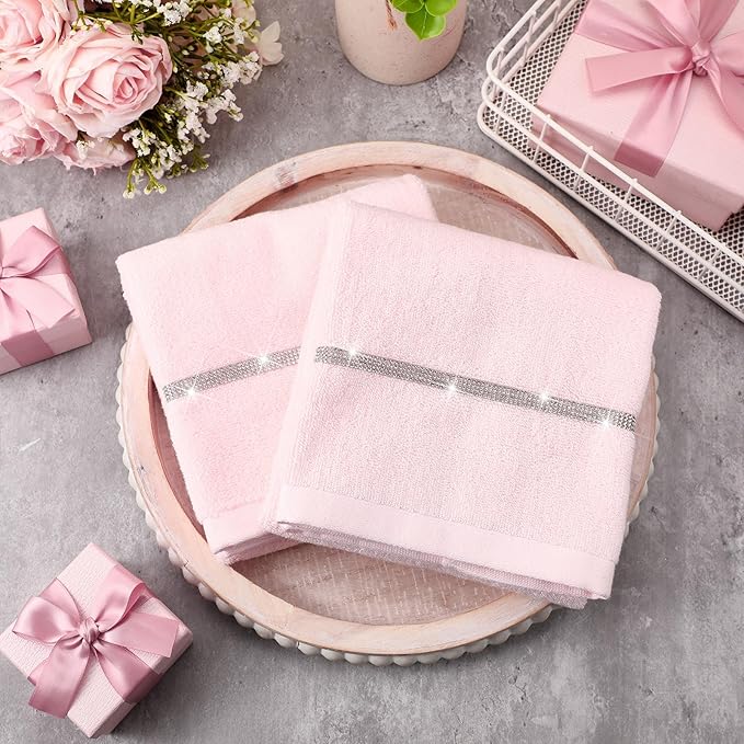 2 Pcs Pink Sparkling Hand Towels with Rhinestones for Bathroom 100% Cotton Glitter Soft Elegant Hand Bath Towels Absorbent Machine Washable for Spa Yoga Hotel Sport, 29.5" x 13.8"