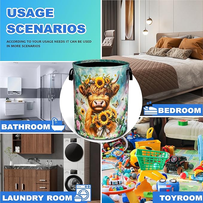 Highland Cow Laundry Basket Brown Longhorn Cattle Oxford Cloth Laundry Hamper With Handle Foldable Portable Clothes Storage Basket 18.9 X 16.5 Inch Storage Bag For Laundry Room/Bathroom/Bedroom