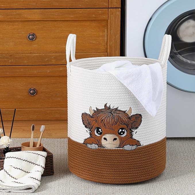 Honeydak Highland Cute Cow Laundry Hamper Brown Tall Cotton Rope Laundry Basket Hamper Large Cow Girly Nursery Basket Storage for Blanket Toys Clothes Organization in Bedroom Bathroom