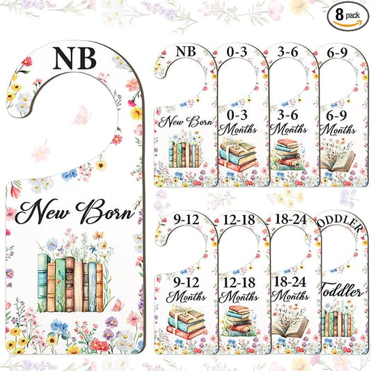 Baby Closet Dividers 8PCS, Storybook Themed Wooden Double-Sided Clothes Size Hanger/Organizer from Newborn to Toddler, Boho Wildflower Nursery Decor Baby Shower Birthday Party Gift