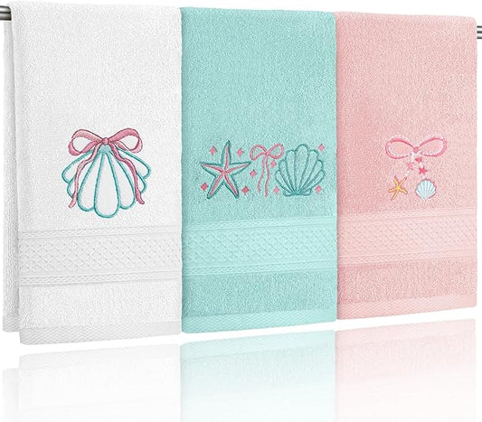 3 Pack Seashell Bow Coastal Hand Towels for Bathroom 100% Cotton Embroidered Beach Bathroom Towels 13.78 x 29.53 Inch Soft Absorbent, Green Pink White