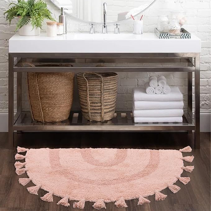 Half Circle Boho Bathroom Rugs with Tassels 100% Cotton Hand-Woven Bath Mat Non Slip Absorbent Bath Rugs with Rug Pad Washable Boho Bath Mat Carpet for Tub, Shower 20"x32",Pink