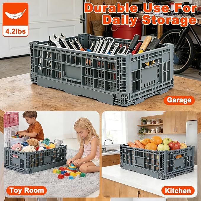 Collapsible Milk Crate, 1 pck 52L(13GAL) Stackable Storage Bins, Heavy Duty Storage Crates, Plastic Crates for Grocery, Warehouse Organization - Extra Large, Holds 130 lbs Per Bin