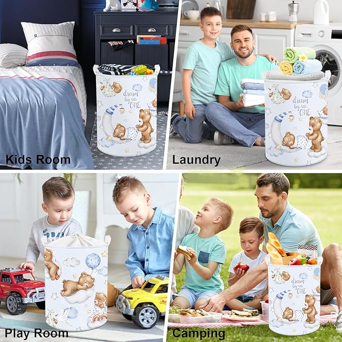 Clastyle 45L Large Blue Sleeping Bear Kid Boy Girl Laundry Hamper with Handle Collapsible Star Moon Clothes Toy Storage Basket with Lid for Nursery
