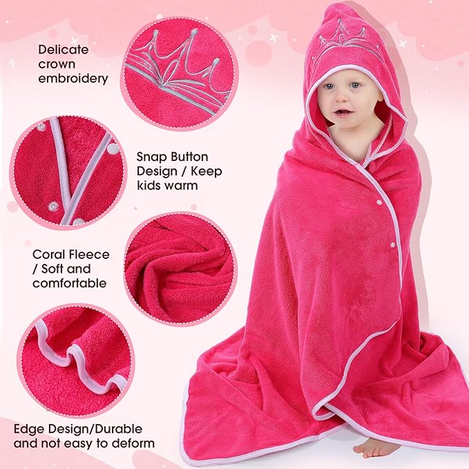2 Pcs Princess Bath Towel for Baby Toddler Oversized Absorbent Soft Hooded Bath Beach Towel for Kids Girls up to 10 Years,Thick Cozy Full Coverage,Pink and Blue