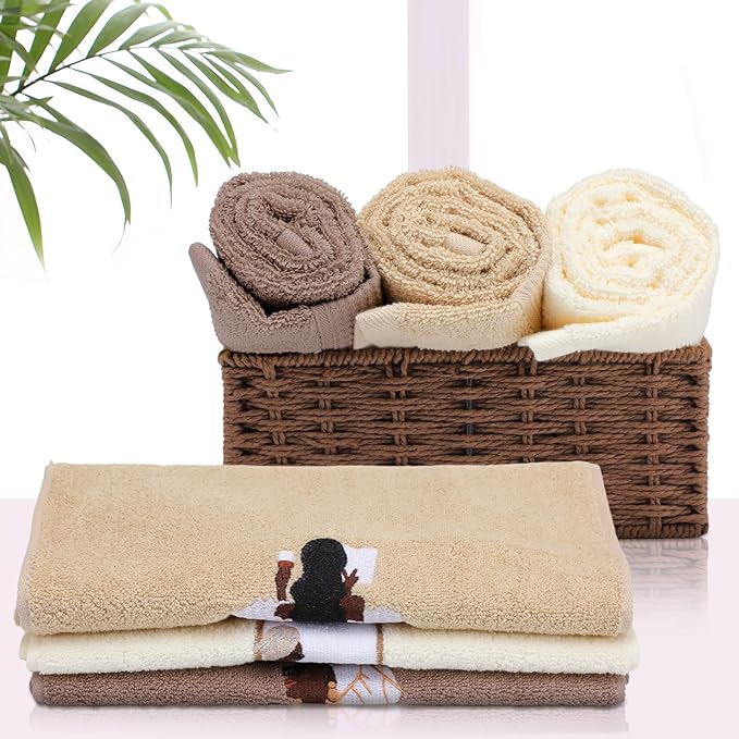 3 Pcs African American Woman Hand Towels for Bathroom African Black Girl Bathroom Decor Brown Decorative Farmhouse 100% Cotton Embroidered Kitchen Towels, 13.3 x 29.5''