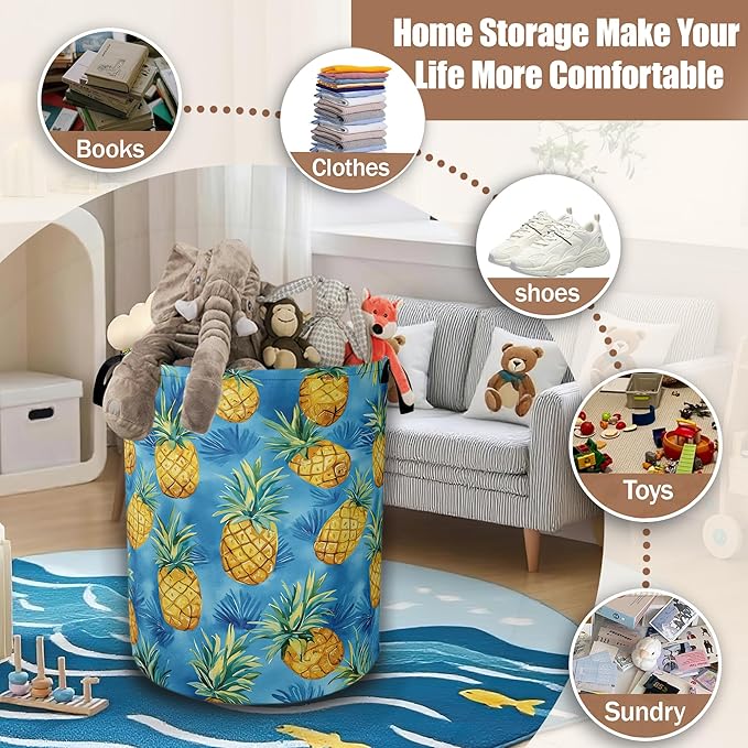 Tropical Hawaii Pineapple Laundry Basket, Laundry Hamper Waterproof Oxford Cloth Tote Collapsible,Clothes Storage Bucket Decorative Toy Organizer For Bathroom Bedroom 16" x 20.8"