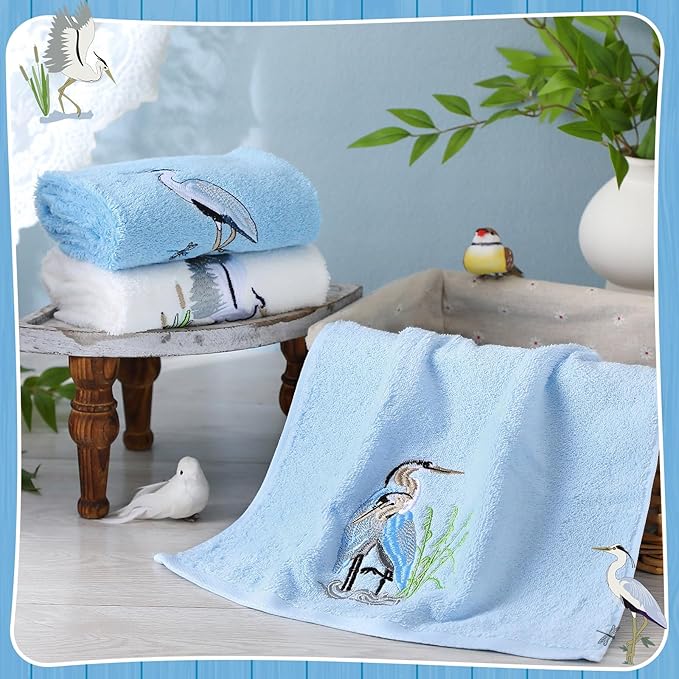 3 Pack Heron Coastal Hand Towels for Bathroom 100% Cotton Embroidered Beach Bathroom Towels 13.78 x 29.53 Inch Soft Absorbent (Blue Series, Heron)