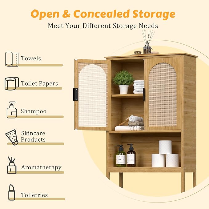 Bamboo Over-The-Toilet Storage Shelf with Inverted U-Shaped Doors, Rattan Surface Bathroom Freestanding Space Saver Organizer with Shelves, Natural