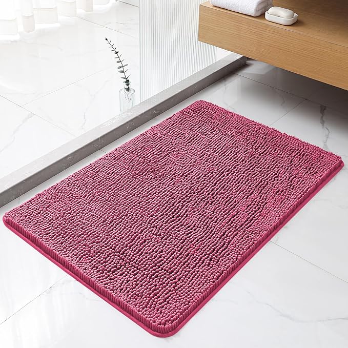 Hot Pink Bathroom Rugs 24"x36" - Plush Chenille Non-Slip Bath Mat - Absorbent, Washable, Soft and Thick Decor for Shower, Sink, Tub, Home Accessories