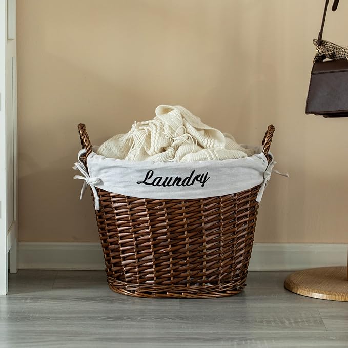 Wickerwise Handwoven Laundry Basket with Liner & Handles - Boho Decorative Storage Hamper for Clothes Blankets Pillows and Towels - Ideal for Laundry Room Bathroom Bedroom and Living Room, Brown