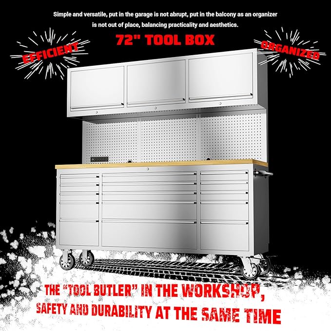 SINDA 72-inch Rolling Tool Cabinet Mobile Workbench Tool Chest with 15 Storage Drawers, Wheels, 3 Uper Cabinet, Outlet, SS Pegboard, Stainless Steel