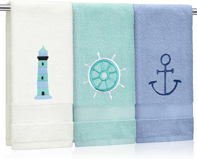 3 Pack Nautical Hand Towels for Bathroom 100% Cotton Embroidered Beach Bathroom Towels 13.78 x 29.53 Inch Soft Absorbent (White Green Blue, Lighthouse)