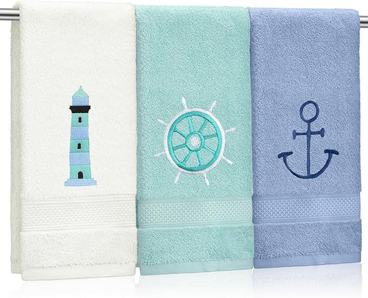 3 Pack Nautical Hand Towels for Bathroom 100% Cotton Embroidered Beach Bathroom Towels 13.78 x 29.53 Inch Soft Absorbent (White Green Blue, Lighthouse)
