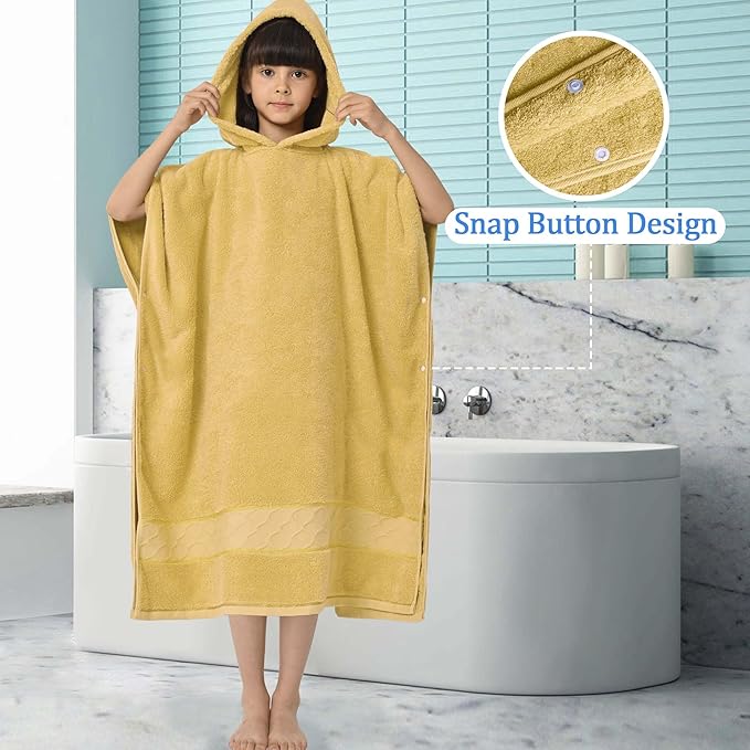 32"X64" Large Turkish Poncho Towels for Kids(8-14Years),Oversized 100% Cotton Thick (600GSM) Absorbent Bath Robe for Boy | Girl | Teens , Perfect for Swimming | Bathing | Beach | Gifts,Gold