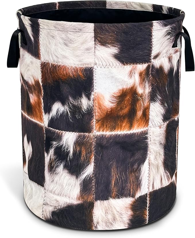Cows Print Laundry Basket Brown Black Cowhide Oxford Cloth Laundry Hamper Funny With Handle Foldable Portable Clothes Storage Basket 18.9 X 16.5 Inch Storage Bag For Laundry Room/Bathroom/Bedroom