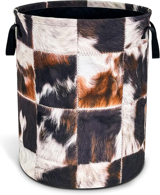 Cows Print Laundry Basket Brown Black Cowhide Oxford Cloth Laundry Hamper Funny With Handle Foldable Portable Clothes Storage Basket 18.9 X 16.5 Inch Storage Bag For Laundry Room/Bathroom/Bedroom