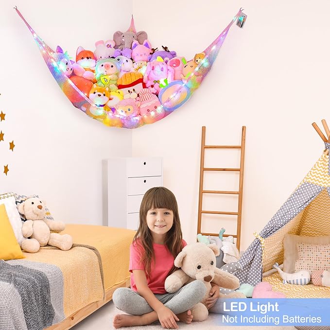 Basumee Stuffed Animals Net or Hammock with LED Light Hanging Toy Net Hammock for Stuffed Animals Storage Stuff Animals Hammocks for Nursery Room with Remote Control, 8 Kinds of Lights(Pack of 1)