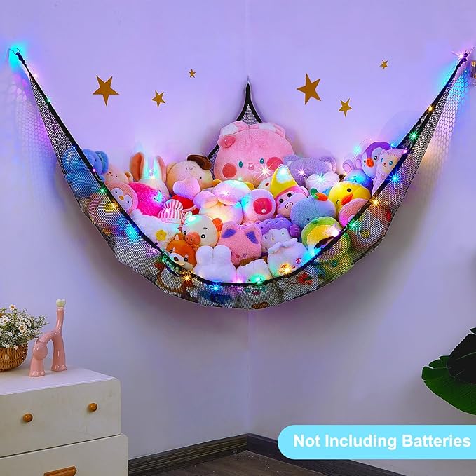Unicorn Castle Stuffed Animals Net or Hammock Kids Toy Storage Organizer with LED Light Hanging Corner Stuffed Animals Holder Kids Girls Room Decor,Black,XLarge (Pack of 1)