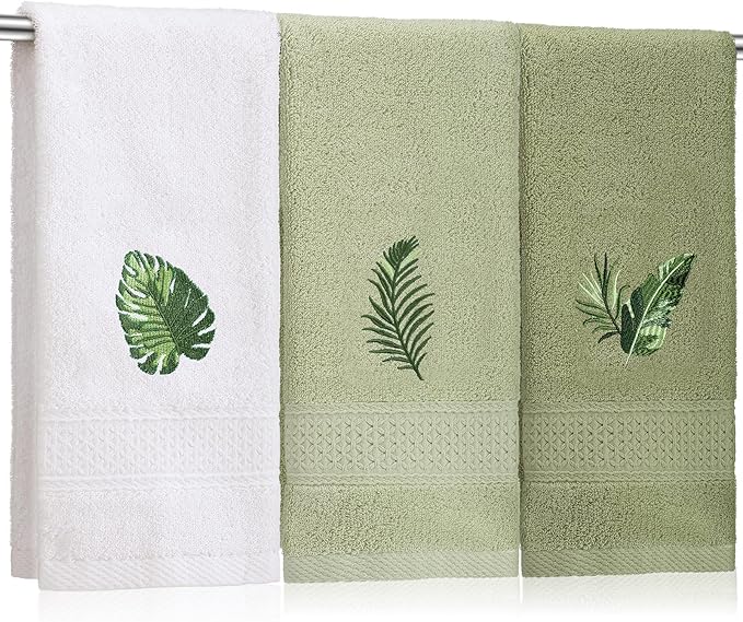 3 Pcs Tropical Palm Leaves Hand Towels for Bathroom Decor Summer Monstera Leaves Embroidered Absorbent Soft Cotton Towels 13.78 x 29.53 Inch Farmhouse Green Decorative for Kitchen Home
