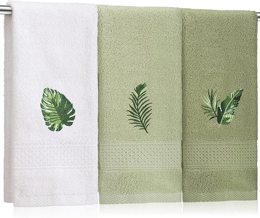 3 Pcs Tropical Palm Leaves Hand Towels for Bathroom Decor Summer Monstera Leaves Embroidered Absorbent Soft Cotton Towels 13.78 x 29.53 Inch Farmhouse Green Decorative for Kitchen Home