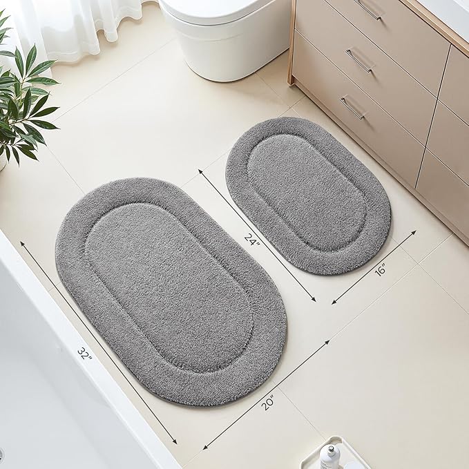 HOMEIDEAS Bathroom Rugs Sets 2 Piece, Soft Bathroom Mats and Absorbent Microfiber Machine Washable Bath Mats for Shower Room, Bathtub, Kitchen (20" x 32" + 16" x 24", Grey)