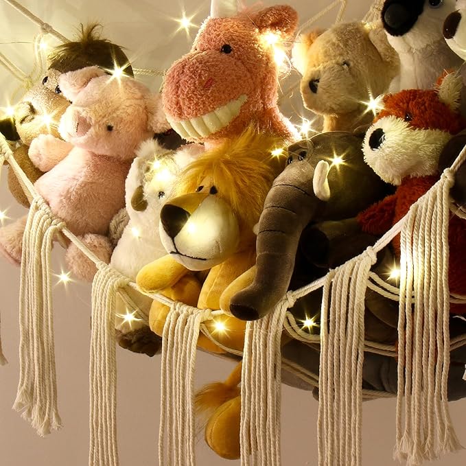Stuffed Animal Hammock Corner with LED Light - Toy Storage Hammock Plushie Net Large - Cute Stuff Animals Holder Hanging Organizer - Baby Room Decor Kids Toddler Nursery Bedroom Boho