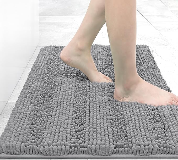 Grandaily Chenille Striped Bathroom Rugs 24x16, Extra Thick and Absorbent Bath Mats, Non-Slip Soft Plush Shaggy Shower Carpet, Machine Wash Dry, Bath Rug for Bathroom, (Small, Dark Gray)