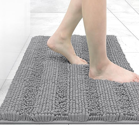 Grandaily Chenille Striped Bathroom Rugs 24x16, Extra Thick and Absorbent Bath Mats, Non-Slip Soft Plush Shaggy Shower Carpet, Machine Wash Dry, Bath Rug for Bathroom, (Small, Dark Gray)