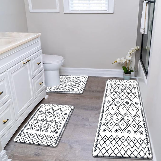 HEBE Bathroom Rug Set - 3 Piece Non Slip Shower Mats with U-Shaped Toilet Mat, Absorbent Microfiber Bath Mats for Bath Rugs, Washable Shaggy Floor Carpet