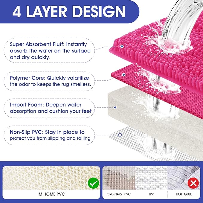 ACCUMTEK Christmas Striped Hot Pink Bathroom Rug Set 3 Pieces Ultra Soft, Non Slip Chenille Toilet Mat, Absorbent Plush Shaggy Bath Mats for Bathroom, Bedroom, Kitchen, Peach