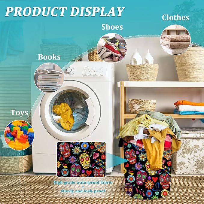 Sugar Skull Flower Laundry Basket, Foldable Waterproof Halloween Laundry Hamper Funny Tote Bag Dirty Clothes Storage Bucket Toy Organizer for Bathroom/Laundry/Bedroom 15.7"x19.6"