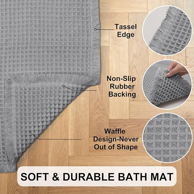 Hiasan Waffle Bath Mat, Super Absorbent Non Slip Bathroom Boho Rug with Tassels, Machine Washable Bath Mats for Bathroom, Ultra Soft Rubber Backed Rug, Grey, 20 x 32 Inches