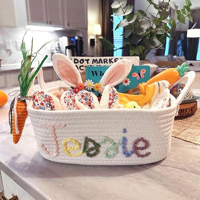 Personalized Rope Cotton Easter Basket Adorable Carrot Decorations Long Handle or Tie Handle Customizable with Child's Name (Style 2-Tie Handle)