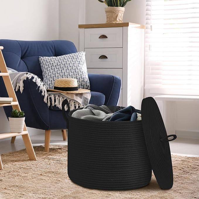 18" X 14" Large Black Basket with Lid, Cotton Rope Storage Basket for Blanket, Toy, Pillow, Towel, Living Room Bedroom Storage Bin, Wicker Woven All Black Organizing Bin with Cover