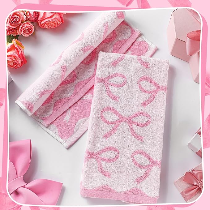 4 Pcs Pink Bow Hand Towels for Bathroom 13 x 29'' Soft 100% Cotton Coquette Face Towel Valentine's Day Kitchen Decor Absorbent Preppy Bathroom Decor Bridal Shower Wedding Gift
