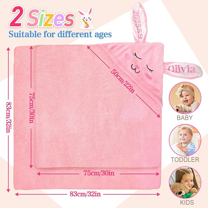 Baosity Custom Hooded Baby Towel with Name, Personalized Soft Absorbent Bunny Bath Towel, Shower Towels for Girls Boys, Easter Brithday for Baby, Toddler, Newborn Essential