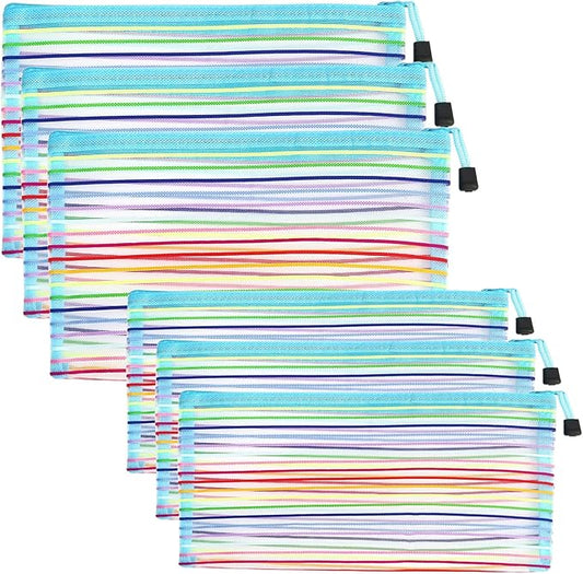 Mesh Bags with Zipper (6 Pack), Nylon Makeup Bag Cosmetic Pouches Travel Organizer Case for Purse Diaper Bag Home Organizing Striped Multi Size Blue