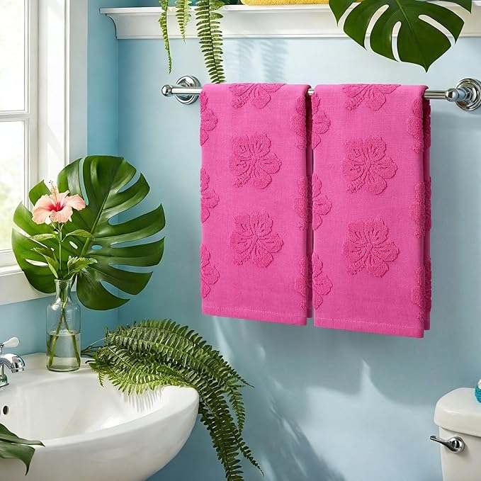 2 Pcs Hibiscus Hand Towels for Bathroom Rose Red Hibiscus 100% Cotton Jacquard Weave Hand Towels Absorbent Soft for Spring Summer Home Bathroom Kitchen Decor, 29.5 x 13.8 Inch