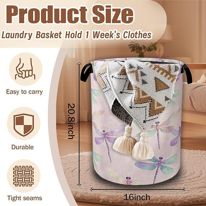Watercolor Laundry Hamper,Purple Green Dragonfly Collapsible Laundry Baskets Waterproof Oxford Cloth With Handles,Clothes Storage Bucket Toy Organizer For Bathroom/Nursery/Bedroom 16" x 20.8"