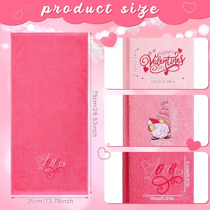 3 Pack Valentine's Day Hand Towels 13.4 x 29.2 Inch Cotton Embroidered Love Happy Valentines Day Gnome Bathroom Towel Absorbent Valentines Kitchen Decor for Hand Drying Cleaning Gift