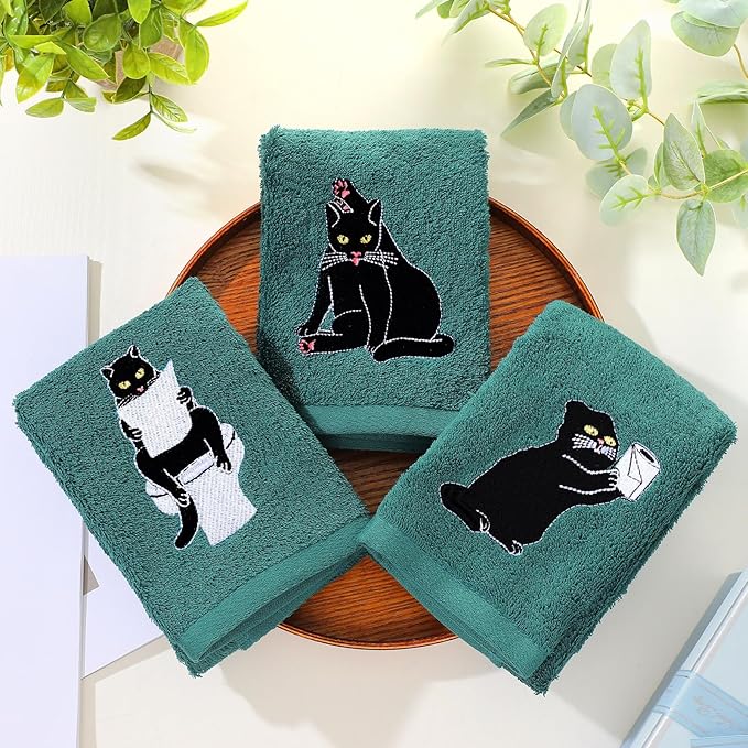 3 Pcs Cat Hand Towels for Bathroom Decor Funny Embroidered Black Cat Halloween Decorative Dark Green Bath Dish Towels for Bathroom Kitchen Decor, 100% Cotton, 13.3 x 29.5''