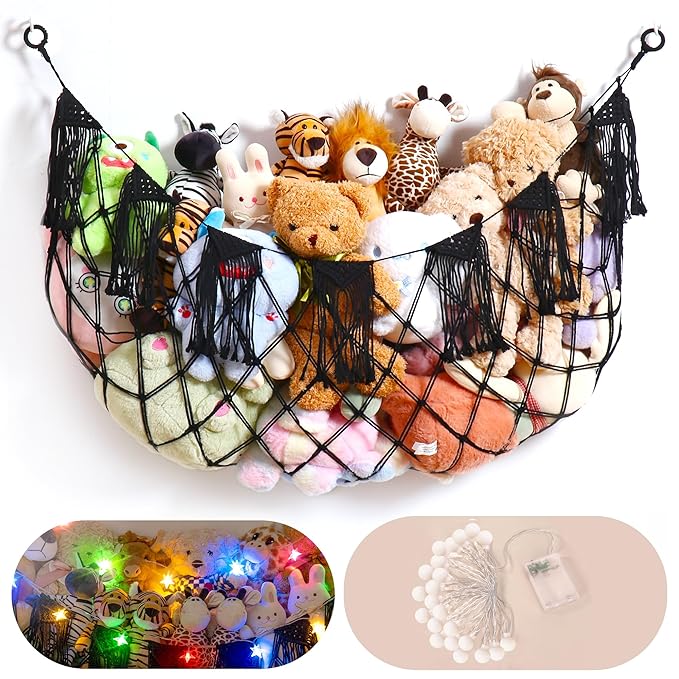 Creative Stuffed Animal Storage Hammock with Lights - Plushie Net Hammock for Stuff Animal Organizer and Teddy Bear Holder,Small Pet Net for Nursery Baby Bedroom Playroom Decor