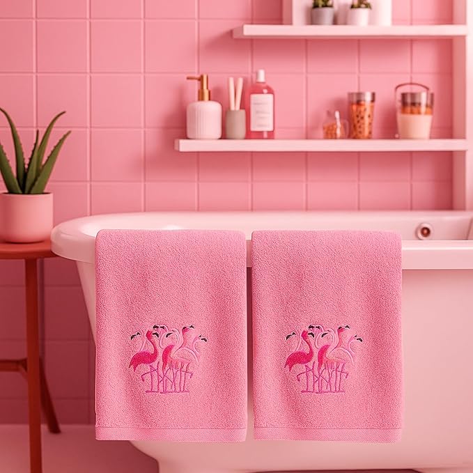 2 Pcs Flamingo Hand Towels Hot Pink Bathroom Decor 14x29 Inch Embroidered 100% Cotton Soft Absorbent Spring Summer Decorative Hand Towels for Bathroom Kitchen