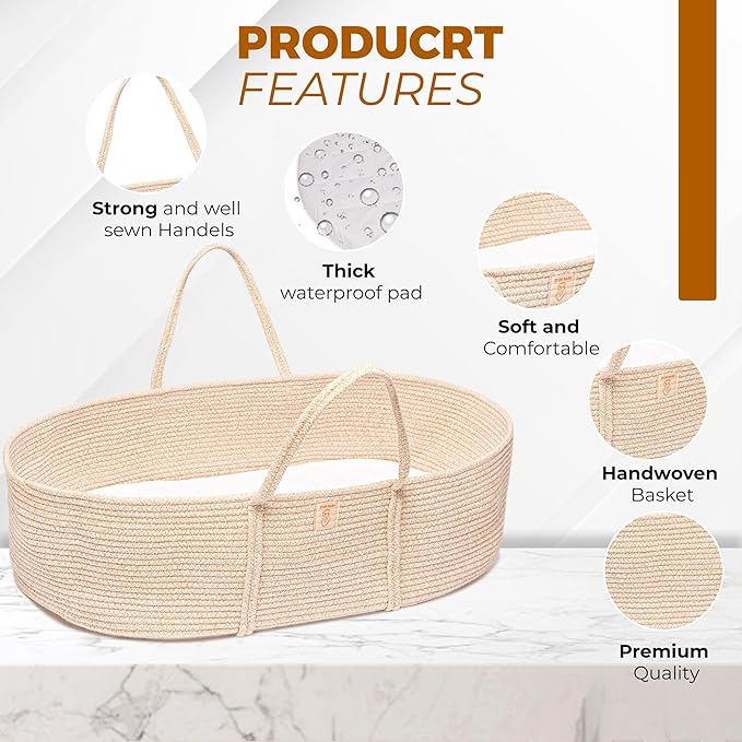 Trendy Baby Changing Basket- Unisex Baby Moses Basket Set of 4 Pieces, Waterproof Pad Cover, Caddy Diaper Organizer,Cotton Blanket - Boho Basket - Nursery Decor - Bassinet Changing Table Topper