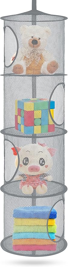 Stuffed Animal Storage Foldable Stuffed Animal Net or Hammock Organizer, 4 Compartments Hanging Mesh Toy Storage Organizer for Kid Room Toys, Gloves, Hats, Socks（Gray）