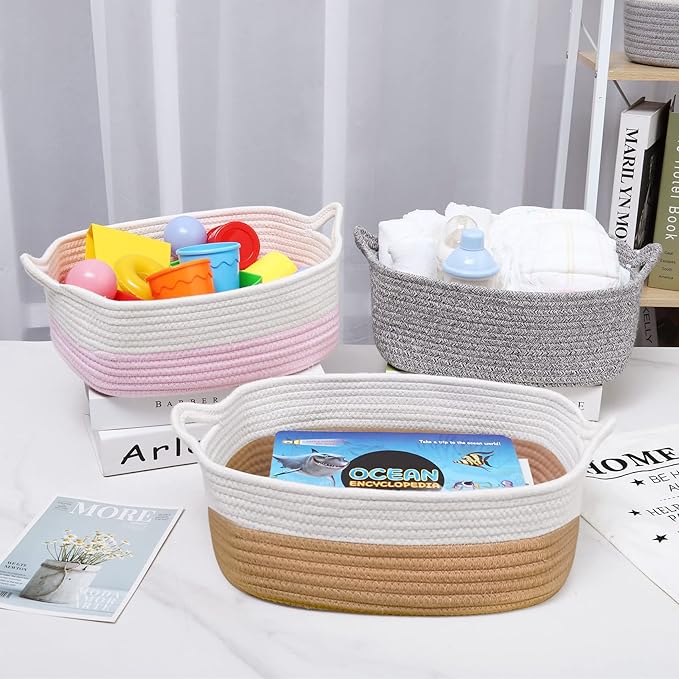 ABenkle Small Storage Basket with Handles, Cotton Rope Woven Dog Cat Toy Bin, Decorative Shelves Closet Organizing for Nursery Laundry Bedroom Bathroom, 14.2''x 11''x 5.1''