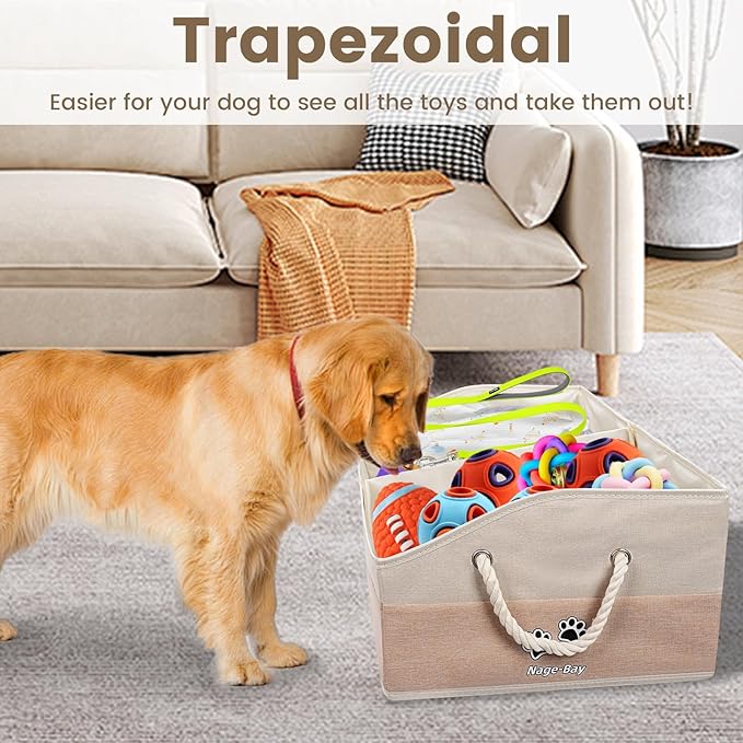 Large Dog Toy Basket With Handle, Foldable Dog Toy Box for Living Room Area, 28.5" Basket for Toy, Clothes, Organizers and Storage with Hard Board, Anti-slip for Pet Toys (Beige, Large)